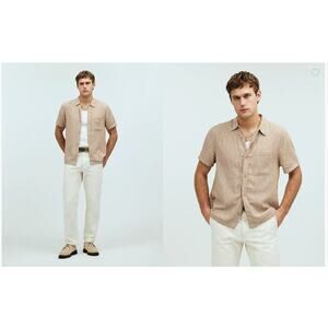 Madewell Shirt Men Medium Beige Button Up Striped Short Sleeve NL096 NWT FLAW